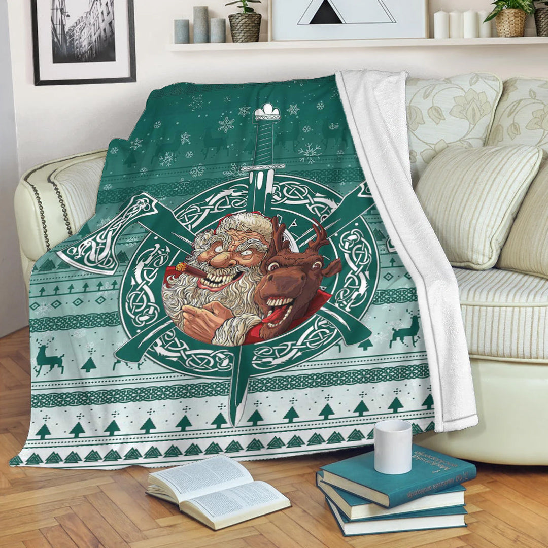 Viking Blanket Viking Santa and Reindeer Christmas Pattern Sherpa Fleece Blanket Gifts for Viking Lovers