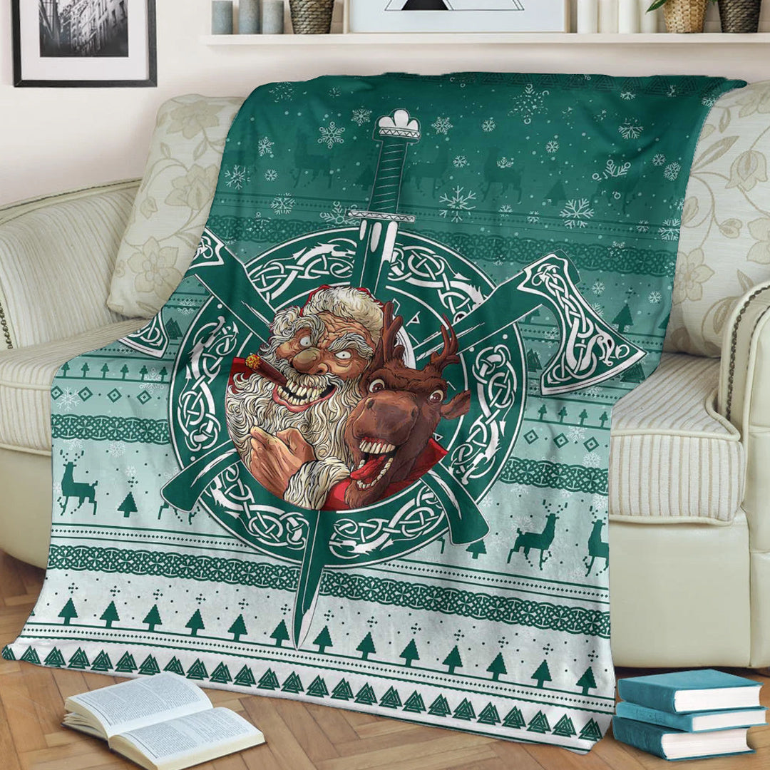 Viking Blanket Viking Santa and Reindeer Christmas Pattern Sherpa Fleece Blanket Gifts for Viking Lovers