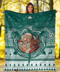 Viking Blanket Viking Santa and Reindeer Christmas Pattern Sherpa Fleece Blanket Gifts for Viking Lovers