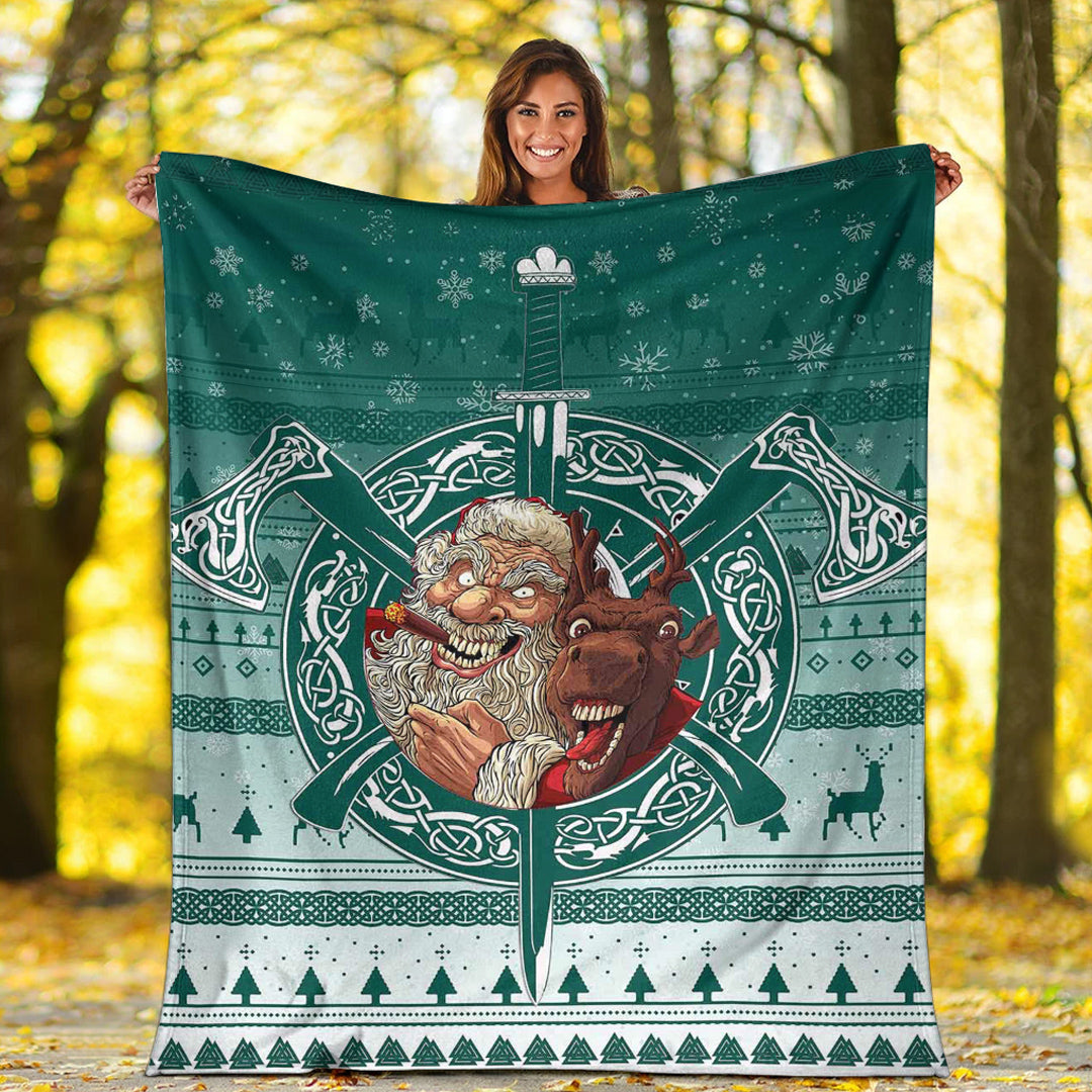 Viking Blanket Viking Santa and Reindeer Christmas Pattern Sherpa Fleece Blanket Gifts for Viking Lovers
