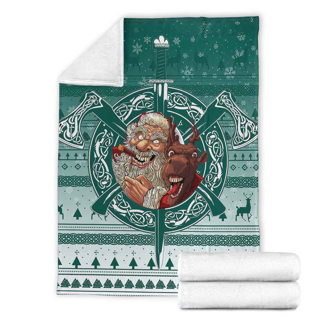 Viking Blanket Viking Santa and Reindeer Christmas Pattern Sherpa Fleece Blanket Gifts for Viking Lovers