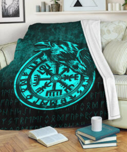 Viking Blanket Viking Vegvisir Rune with Crow Cyan Version Sherpa Fleece Blanket Gifts for Viking Lovers