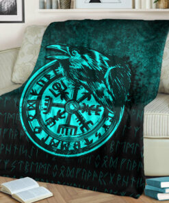 Viking Blanket Viking Vegvisir Rune with Crow Cyan Version Sherpa Fleece Blanket Gifts for Viking Lovers