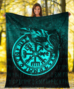 Viking Blanket Viking Vegvisir Rune with Crow Cyan Version Sherpa Fleece Blanket Gifts for Viking Lovers