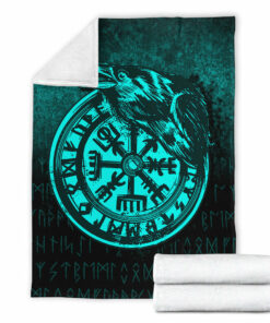 Viking Blanket Viking Vegvisir Rune with Crow Cyan Version Sherpa Fleece Blanket Gifts for Viking Lovers