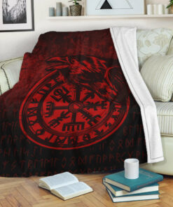 Viking Blanket Viking Vegvisir Rune with Crow Red Version Sherpa Fleece Blanket Gifts for Viking Lovers