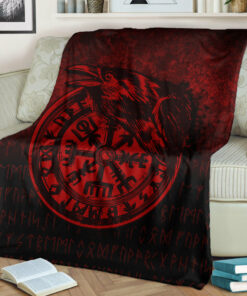 Viking Blanket Viking Vegvisir Rune with Crow Red Version Sherpa Fleece Blanket Gifts for Viking Lovers