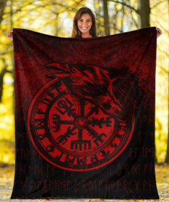 Viking Blanket Viking Vegvisir Rune with Crow Red Version Sherpa Fleece Blanket Gifts for Viking Lovers