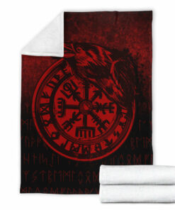 Viking Blanket Viking Vegvisir Rune with Crow Red Version Sherpa Fleece Blanket Gifts for Viking Lovers