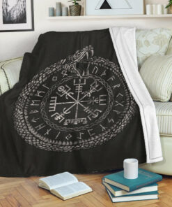 Viking Blanket Viking Vegvisir with Ouroboros and Runes Sherpa Fleece Blanket Gifts for Viking Lovers