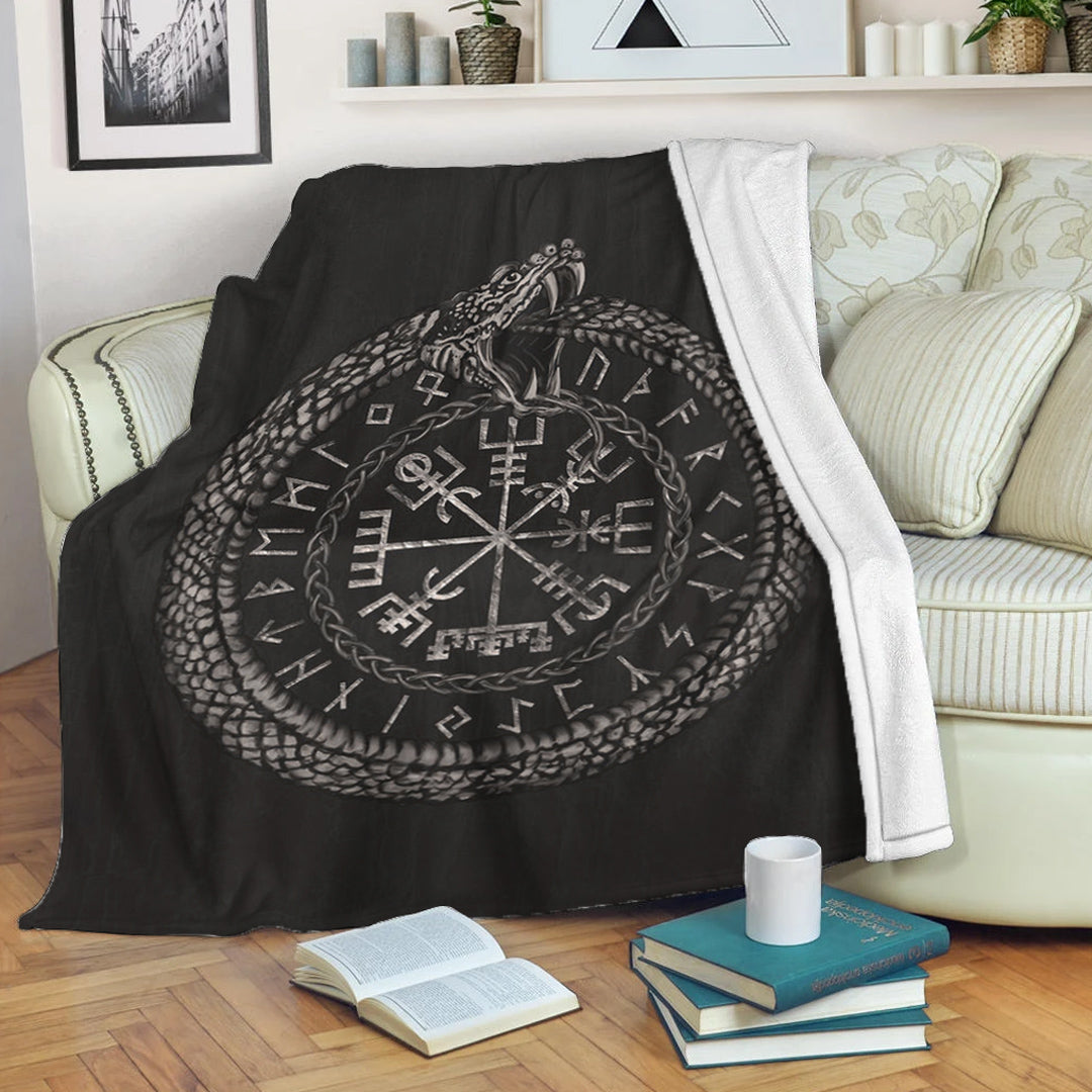 Viking Blanket Viking Vegvisir with Ouroboros and Runes Sherpa Fleece Blanket Gifts for Viking Lovers