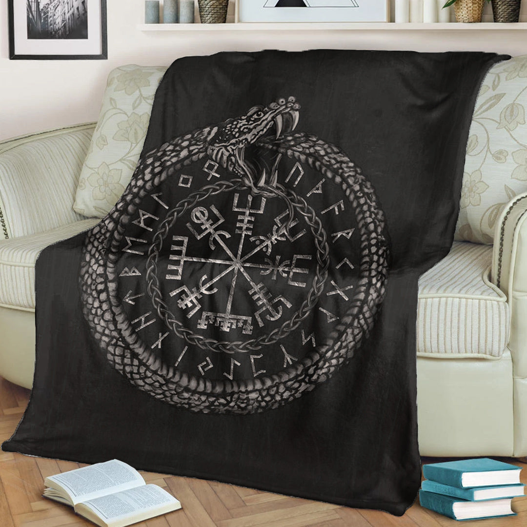 Viking Blanket Viking Vegvisir with Ouroboros and Runes Sherpa Fleece Blanket Gifts for Viking Lovers