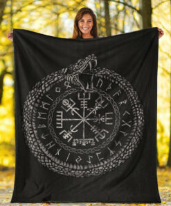 Viking Blanket Viking Vegvisir with Ouroboros and Runes Sherpa Fleece Blanket Gifts for Viking Lovers