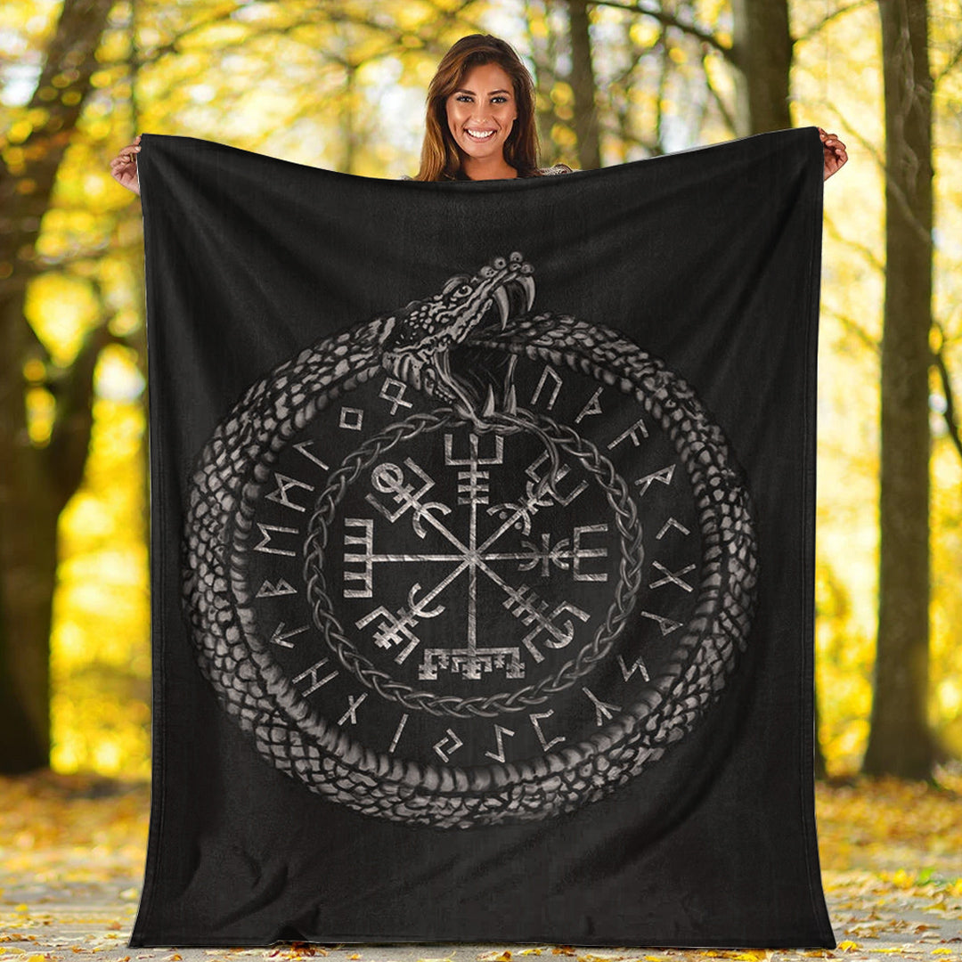 Viking Blanket Viking Vegvisir with Ouroboros and Runes Sherpa Fleece Blanket Gifts for Viking Lovers
