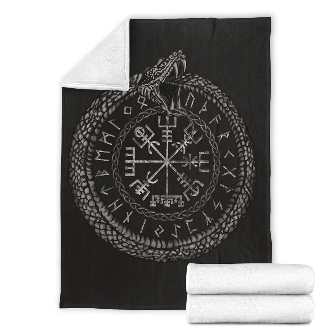 Viking Blanket Viking Vegvisir with Ouroboros and Runes Sherpa Fleece Blanket Gifts for Viking Lovers
