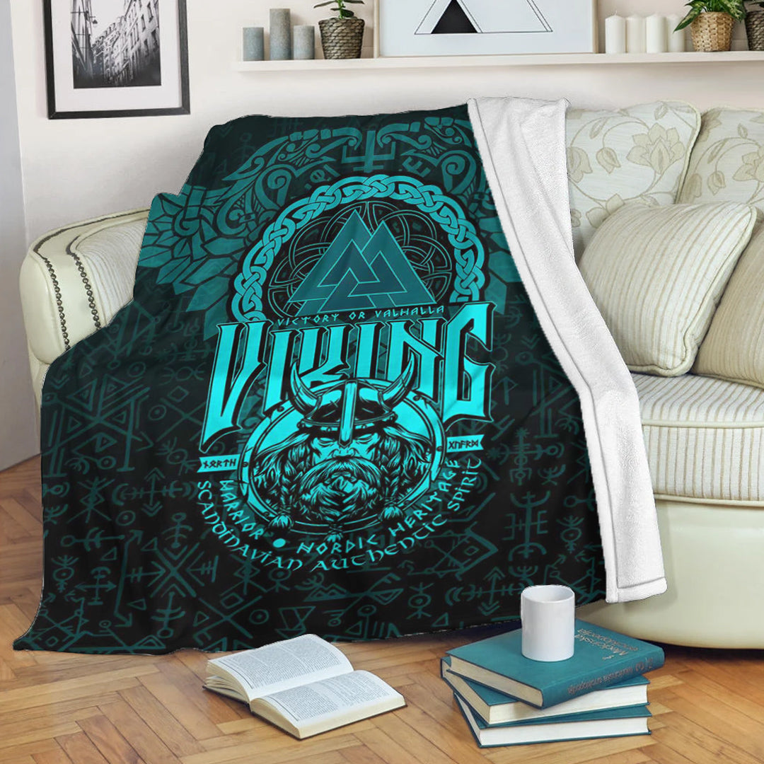 Viking Blanket Viking Warriors Valknut Cyan Sherpa Fleece Blanket Gifts for Viking Lovers