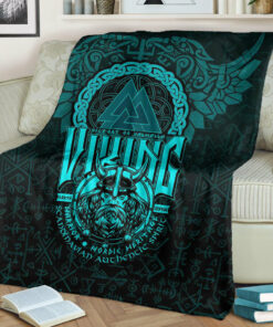 Viking Blanket Viking Warriors Valknut Cyan Sherpa Fleece Blanket Gifts for Viking Lovers