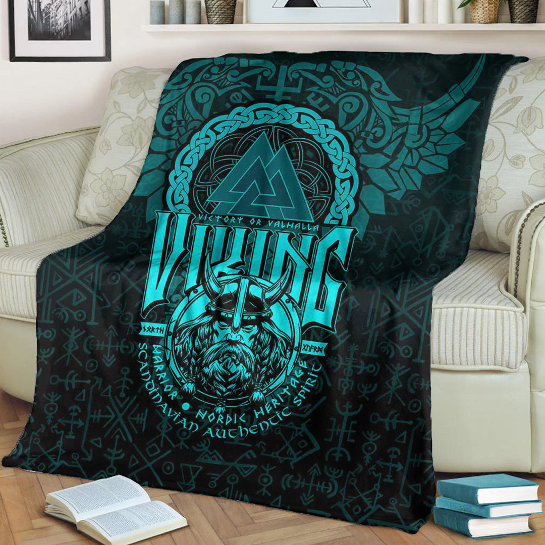 Viking Blanket Viking Warriors Valknut Cyan Sherpa Fleece Blanket Gifts for Viking Lovers