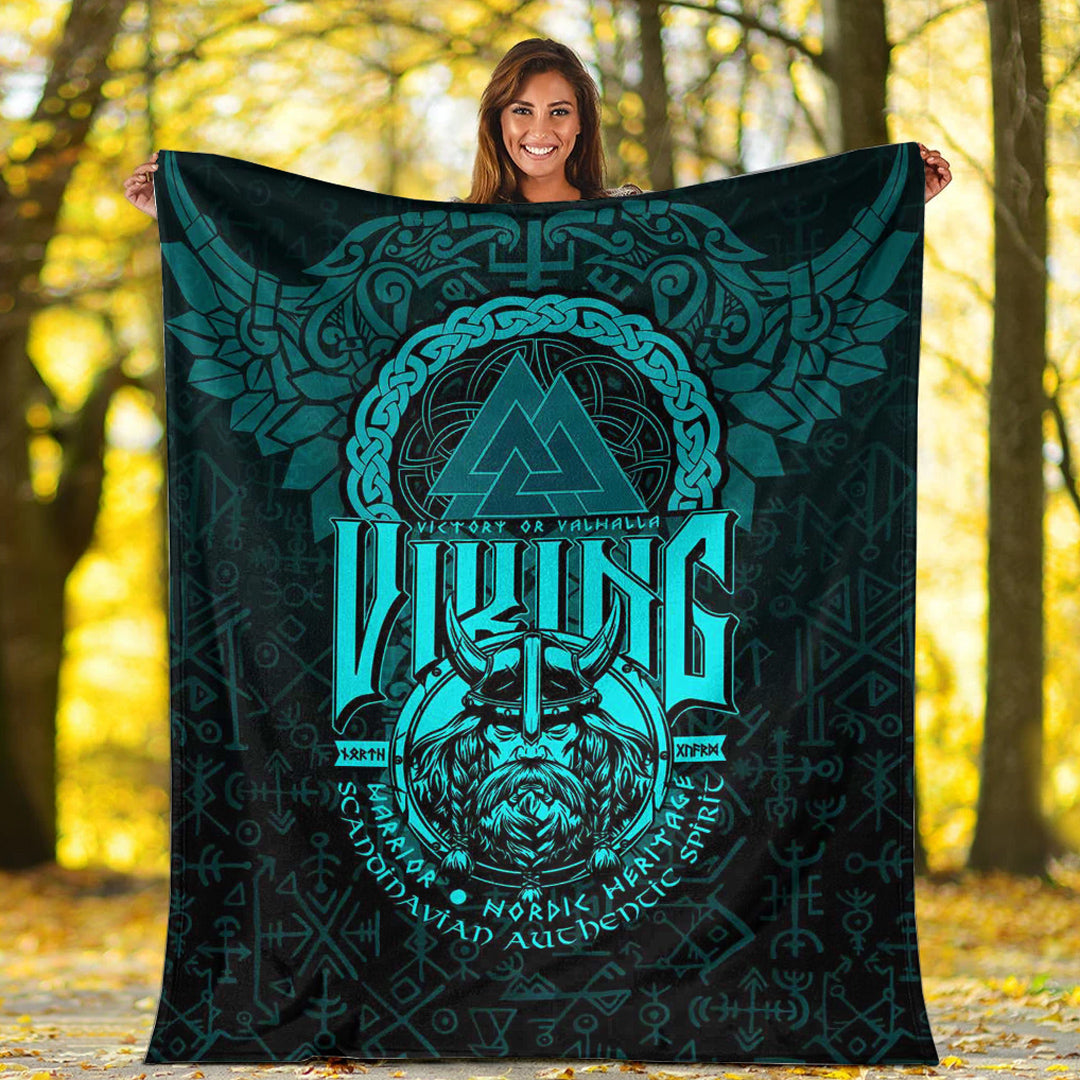 Viking Blanket Viking Warriors Valknut Cyan Sherpa Fleece Blanket Gifts for Viking Lovers