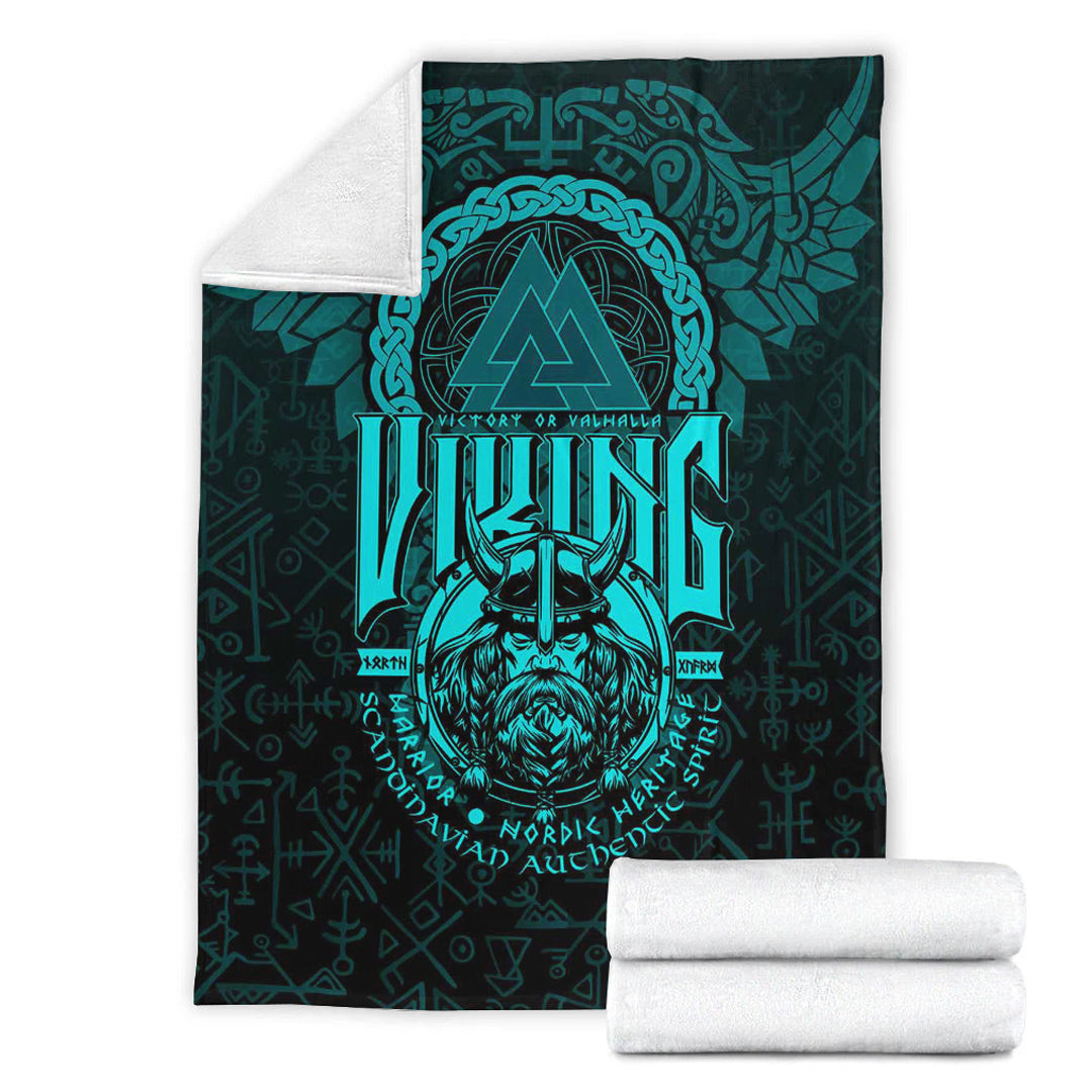Viking Blanket Viking Warriors Valknut Cyan Sherpa Fleece Blanket Gifts for Viking Lovers