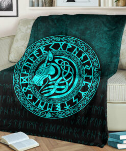 Viking Blanket Viking Wolf Cyan Version Sherpa Fleece Blanket Gifts for Viking Lovers