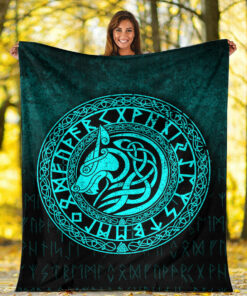 Viking Blanket Viking Wolf Cyan Version Sherpa Fleece Blanket Gifts for Viking Lovers