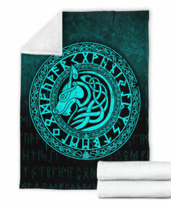 Viking Blanket Viking Wolf Cyan Version Sherpa Fleece Blanket Gifts for Viking Lovers