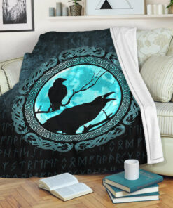 Viking Blanket Vikings Huginn Muninn Odin’s Ravens Cyan Version Sherpa Fleece Blanket Gifts for Viking Lovers