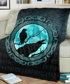 Viking Blanket Vikings Huginn Muninn Odin’s Ravens Cyan Version Sherpa Fleece Blanket Gifts for Viking Lovers