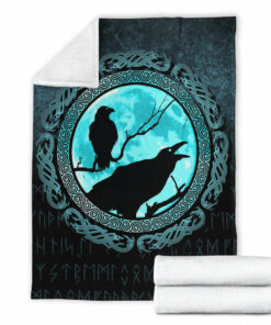 Viking Blanket Vikings Huginn Muninn Odin’s Ravens Cyan Version Sherpa Fleece Blanket Gifts for Viking Lovers