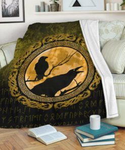 Viking Blanket Vikings Huginn Muninn Odin’s Ravens Gold Version Sherpa Fleece Blanket Gifts for Viking Lovers