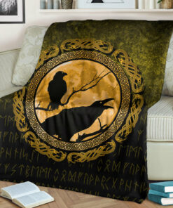 Viking Blanket Vikings Huginn Muninn Odin’s Ravens Gold Version Sherpa Fleece Blanket Gifts for Viking Lovers