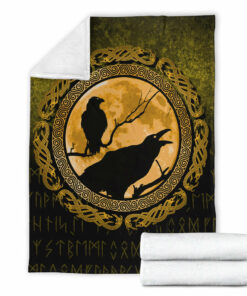 Viking Blanket Vikings Huginn Muninn Odin’s Ravens Gold Version Sherpa Fleece Blanket Gifts for Viking Lovers