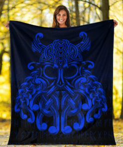 Viking Blanket Vikings Odin Valhalla Blue Version Sherpa Fleece Blanket Gifts for Viking Lovers
