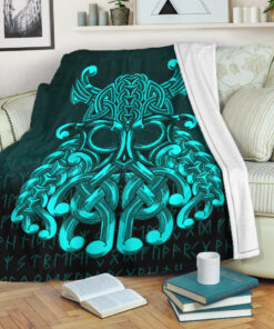 Viking Blanket Vikings Odin Valhalla Cyan Version Sherpa Fleece Blanket Gifts for Viking Lovers