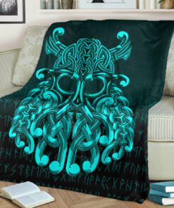 Viking Blanket Vikings Odin Valhalla Cyan Version Sherpa Fleece Blanket Gifts for Viking Lovers