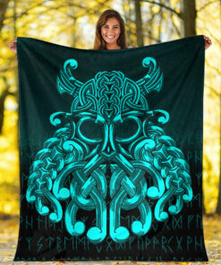 Viking Blanket Vikings Odin Valhalla Cyan Version Sherpa Fleece Blanket Gifts for Viking Lovers