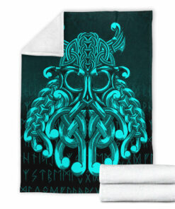 Viking Blanket Vikings Odin Valhalla Cyan Version Sherpa Fleece Blanket Gifts for Viking Lovers