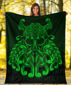 Viking Blanket Vikings Odin Valhalla Green Version Sherpa Fleece Blanket Gifts for Viking Lovers