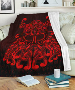 Viking Blanket Vikings Odin Valhalla Red Version Sherpa Fleece Blanket Gifts for Viking Lovers