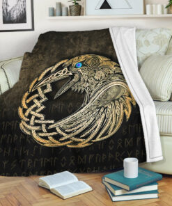 Viking Blanket Vikings Raven Gold Version Sherpa Fleece Blanket Gifts for Viking Lovers