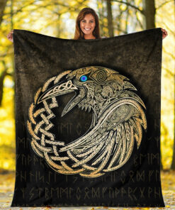 Viking Blanket Vikings Raven Gold Version Sherpa Fleece Blanket Gifts for Viking Lovers