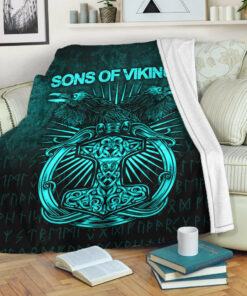 Viking Blanket Vikings Ravens Mjolnir Cyan Version Sherpa Fleece Blanket Gifts for Viking Lovers