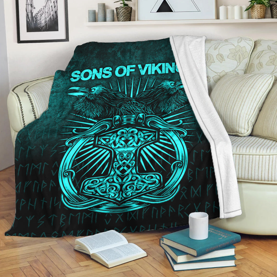 Viking Blanket Vikings Ravens Mjolnir Cyan Version Sherpa Fleece Blanket Gifts for Viking Lovers
