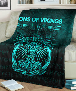Viking Blanket Vikings Ravens Mjolnir Cyan Version Sherpa Fleece Blanket Gifts for Viking Lovers