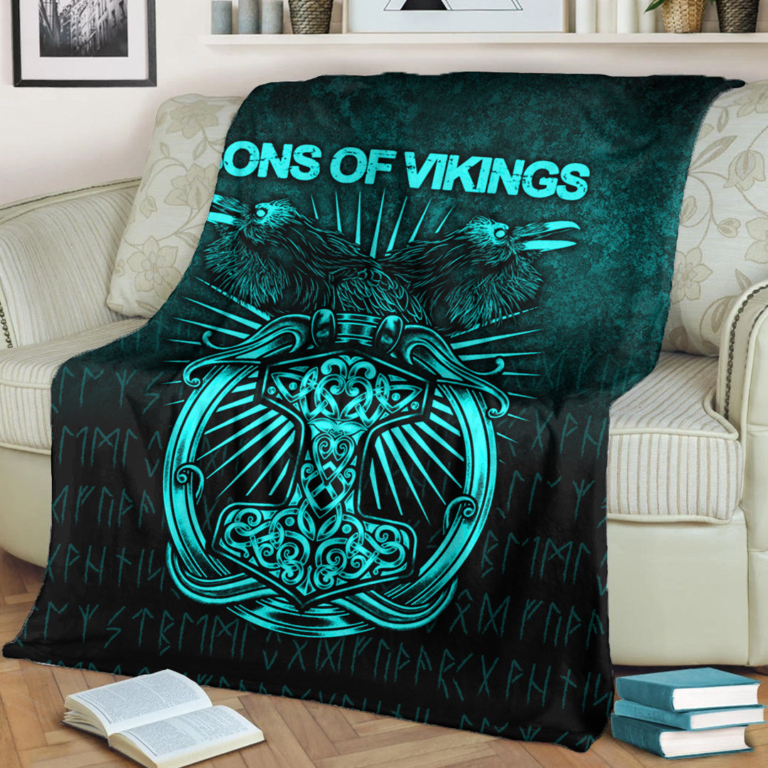 Viking Blanket Vikings Ravens Mjolnir Cyan Version Sherpa Fleece Blanket Gifts for Viking Lovers