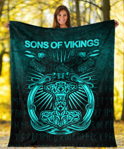 Viking Blanket Vikings Ravens Mjolnir Cyan Version Sherpa Fleece Blanket Gifts for Viking Lovers