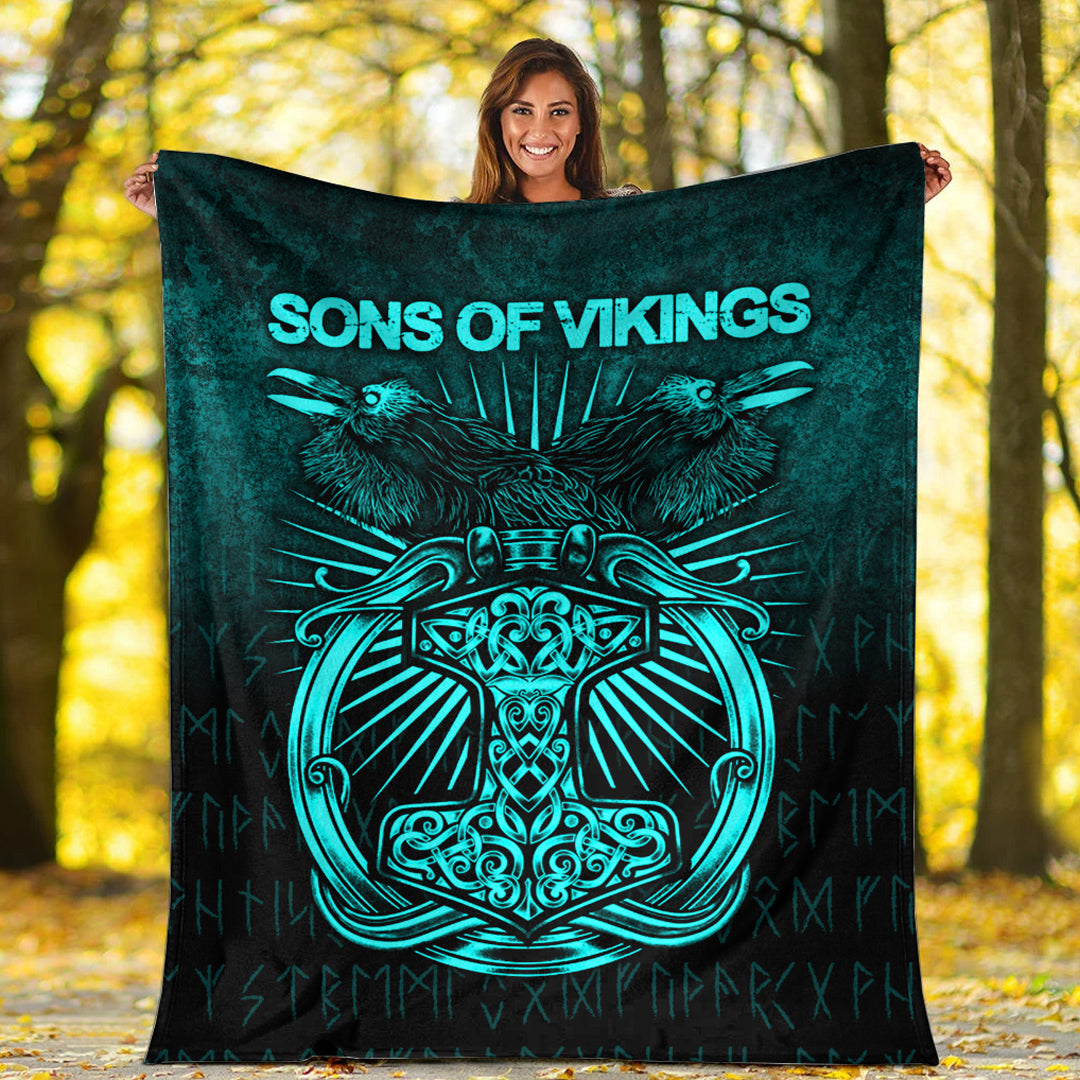 Viking Blanket Vikings Ravens Mjolnir Cyan Version Sherpa Fleece Blanket Gifts for Viking Lovers