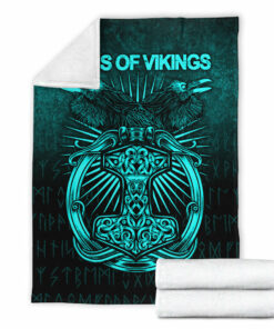 Viking Blanket Vikings Ravens Mjolnir Cyan Version Sherpa Fleece Blanket Gifts for Viking Lovers