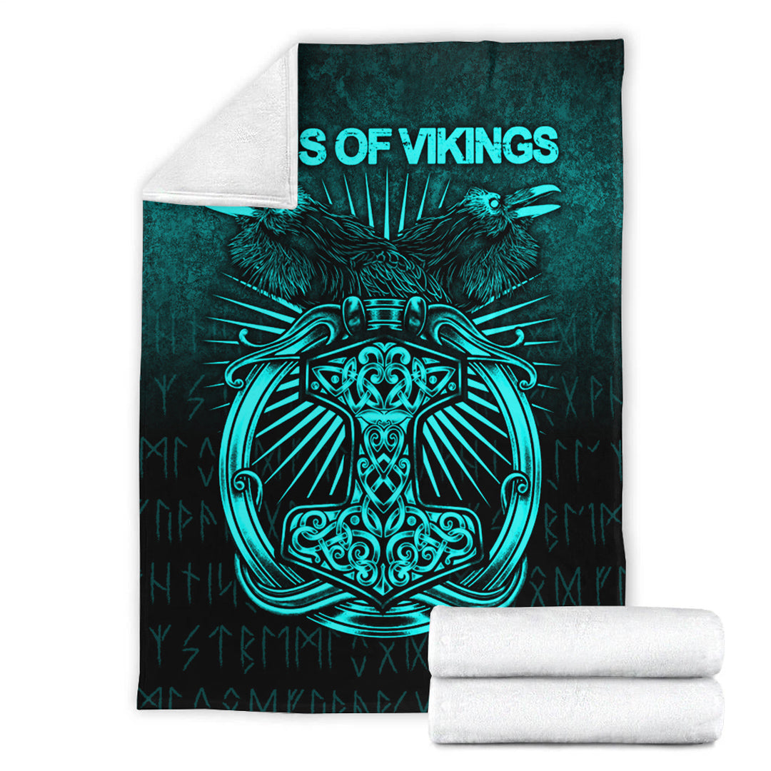 Viking Blanket Vikings Ravens Mjolnir Cyan Version Sherpa Fleece Blanket Gifts for Viking Lovers